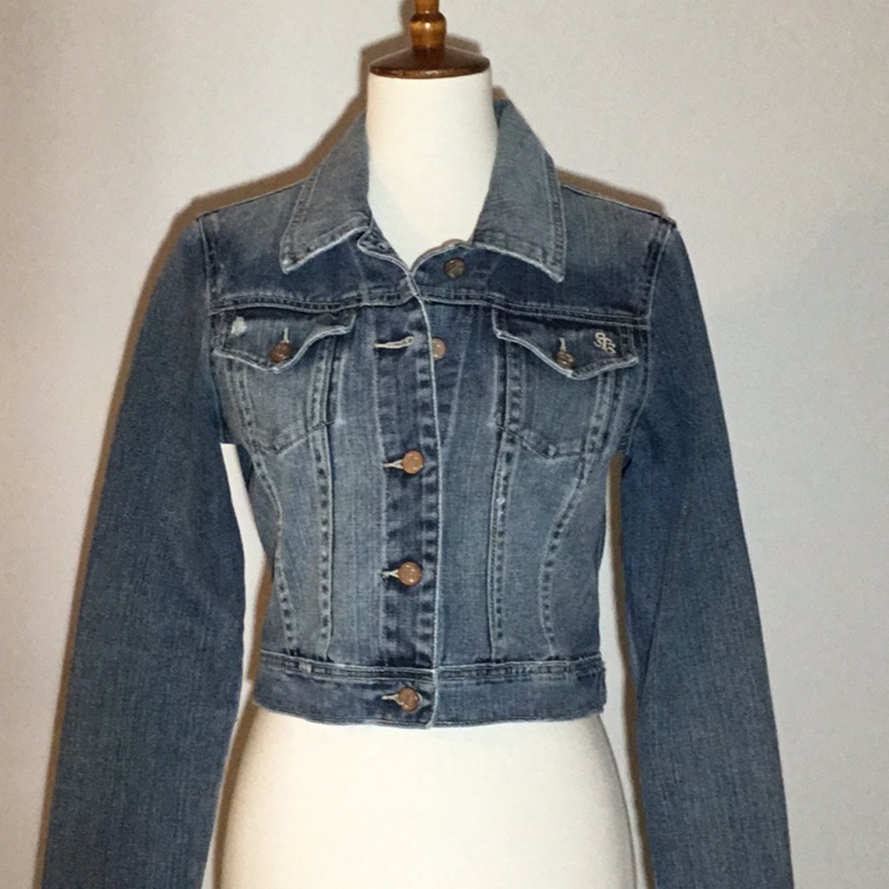 See Thru Soul jeans jacket, cropped, distressed denim, pockets, fitted, Sm/Med